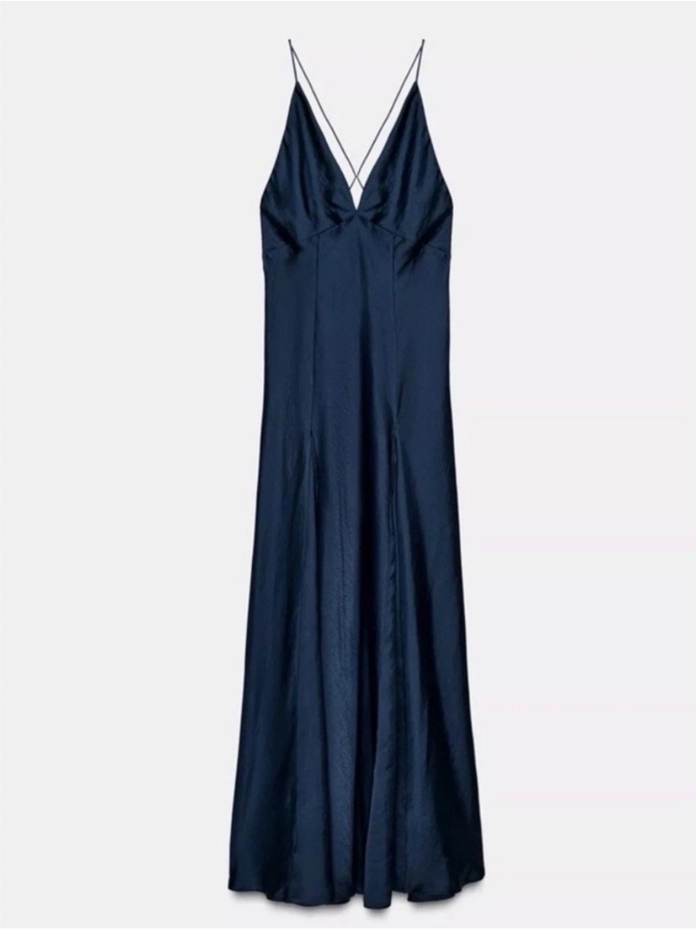 Zara Navy Satin Maxi Slip Dress with Crisscross Straps